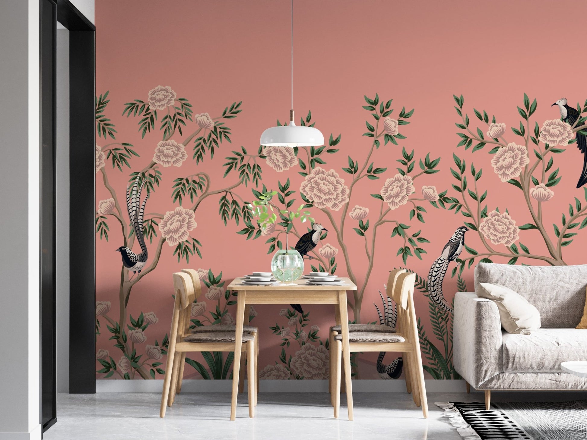Artistic mural blending rustic charm with chinoiserie floral designs.
