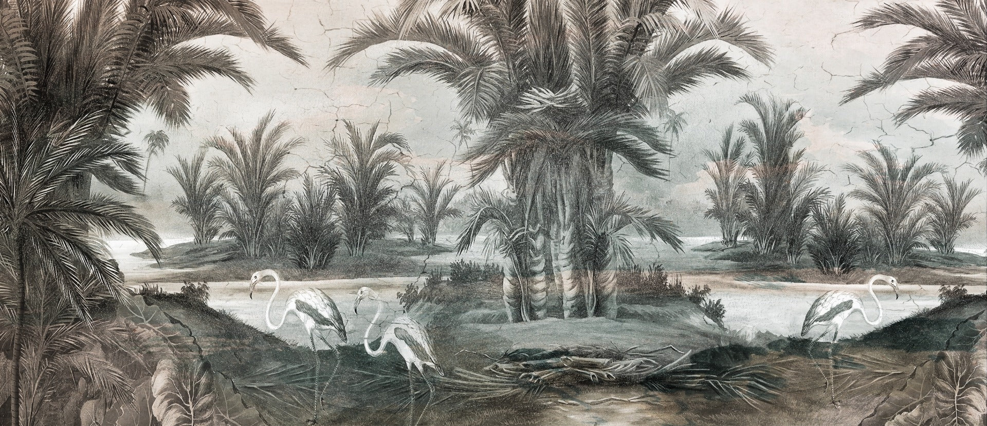 Rustic Gray Forest Flamingoes Wall mural with a scenic lake and palm tree layout.