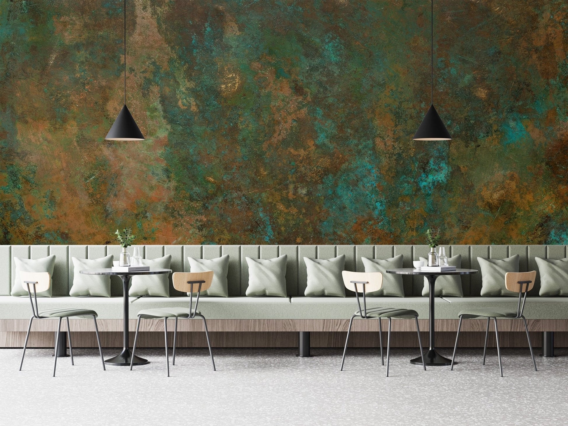 Abstract oxidized copper artwork for a contemporary style wallpaper.