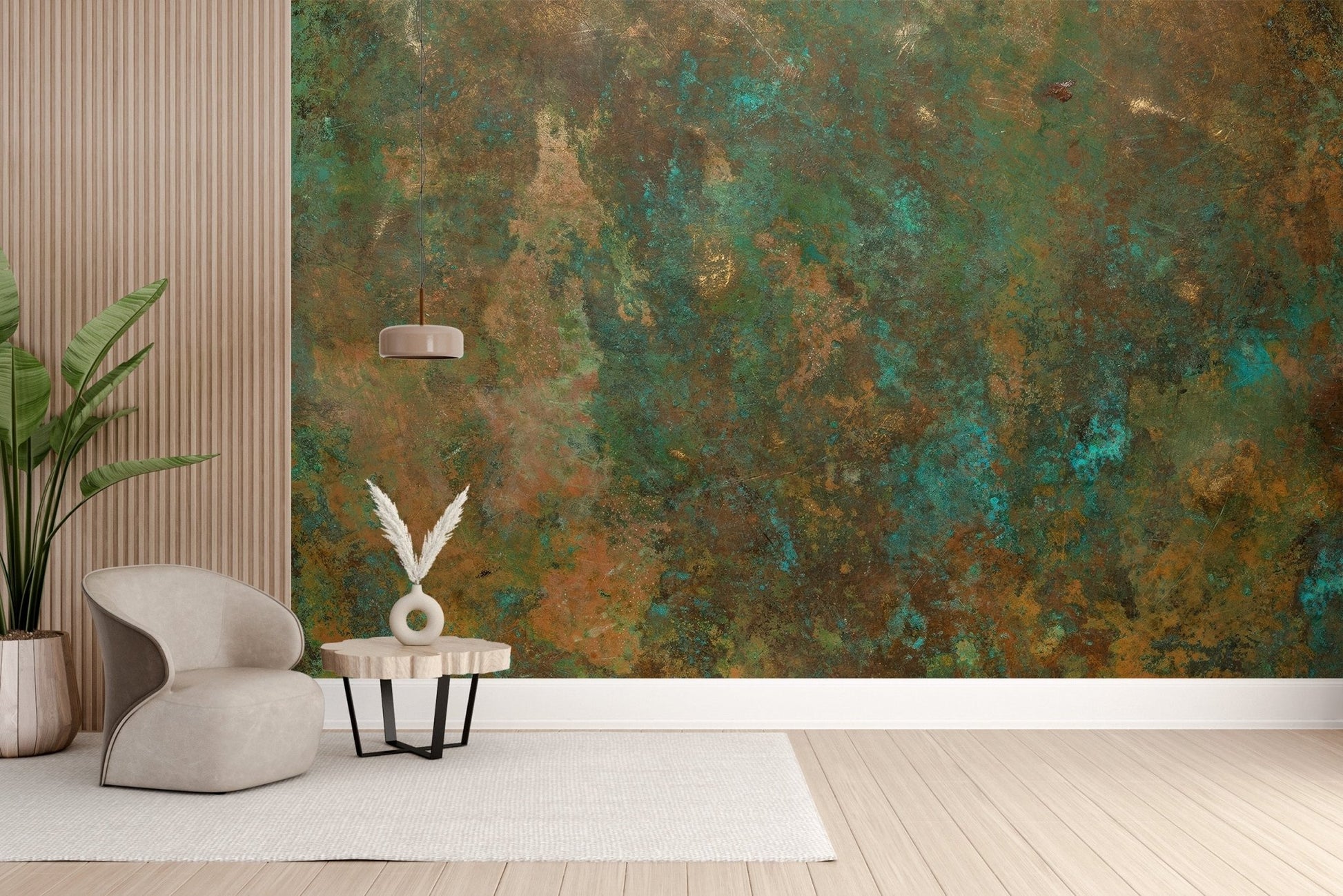 Distressed metal aesthetic for a custom rustic green copper wallpaper mural.