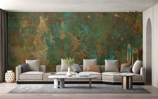 Turquoise and brown aged copper effect for a modern wallpaper design.
