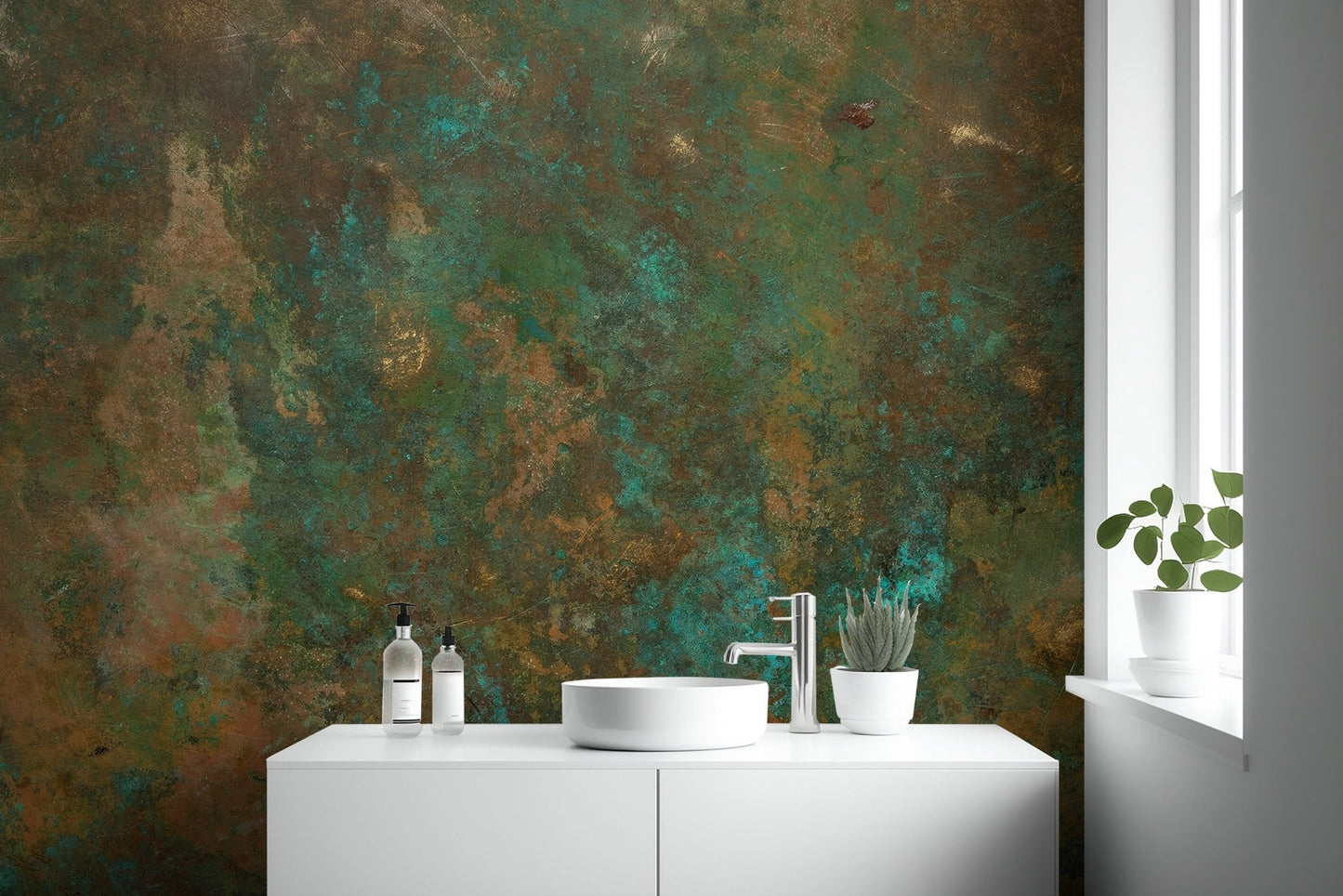 Industrial style wall mural featuring teal and bronze patina effects.