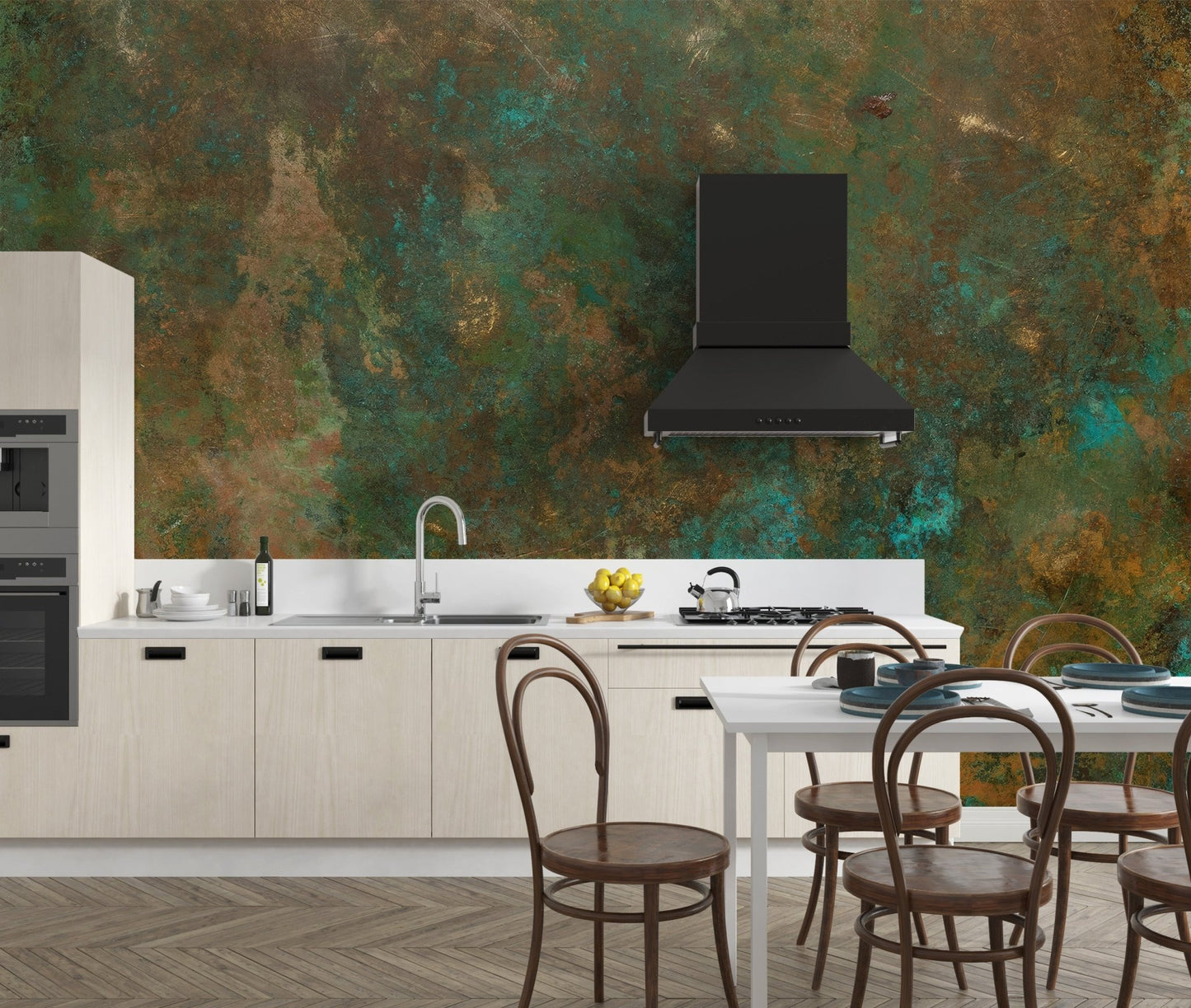 Realistic copper rust and green moss effect on a high-quality wallpaper.