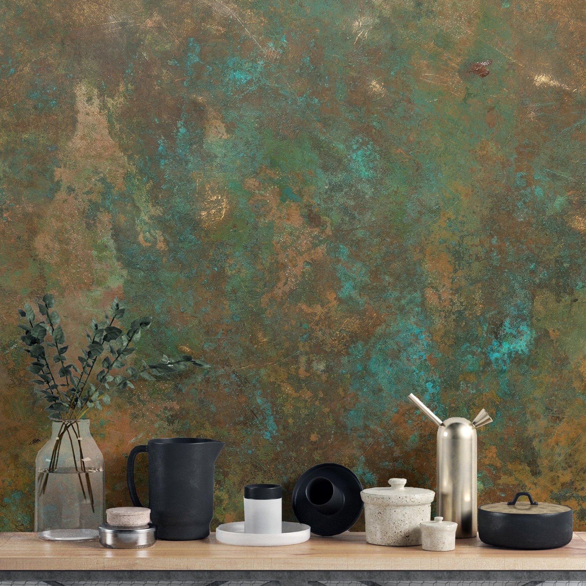 Textured verdigris wall mural with organic oxidation patterns and colors.