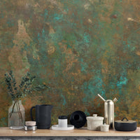 Textured verdigris wall mural with organic oxidation patterns and colors.