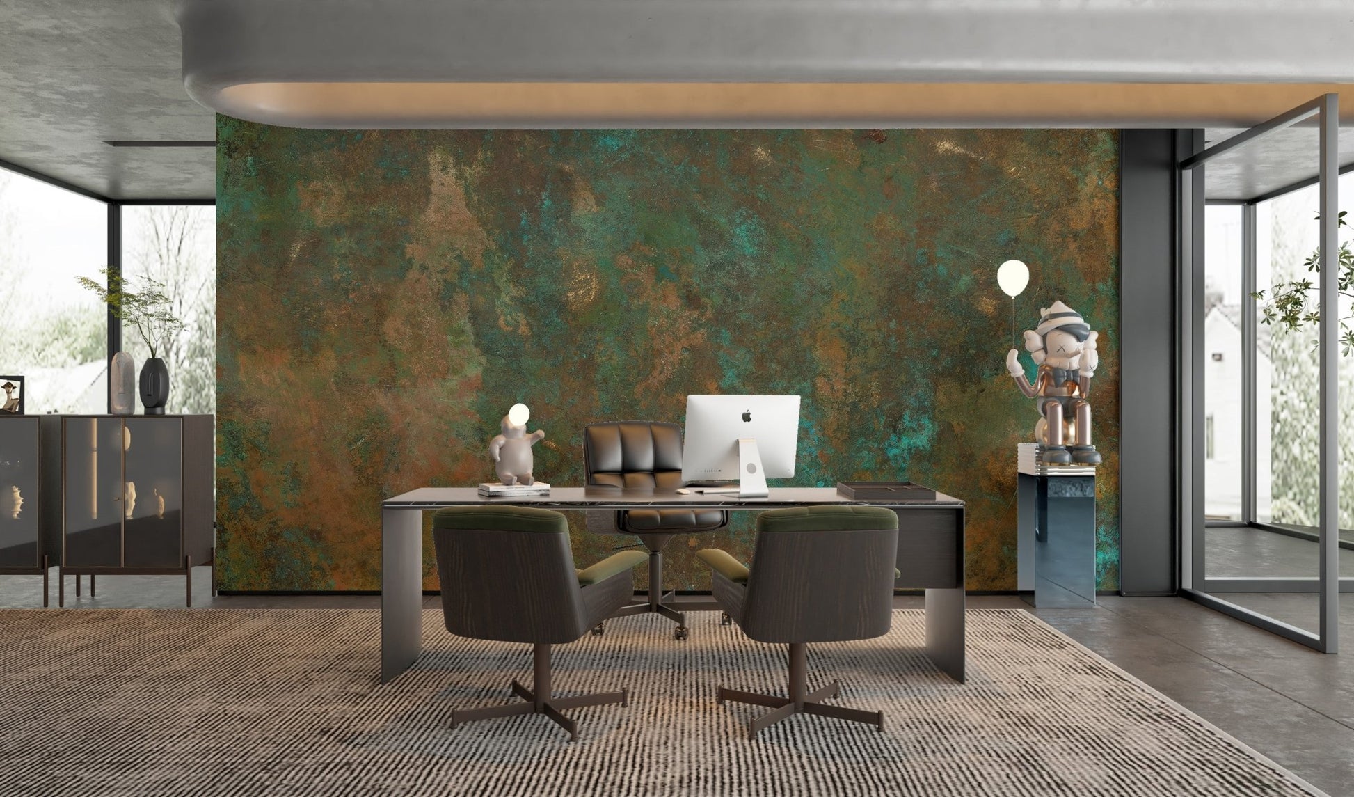 Rustic green copper wallpaper mural with a weathered metallic finish.