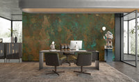 Rustic green copper wallpaper mural with a weathered metallic finish.