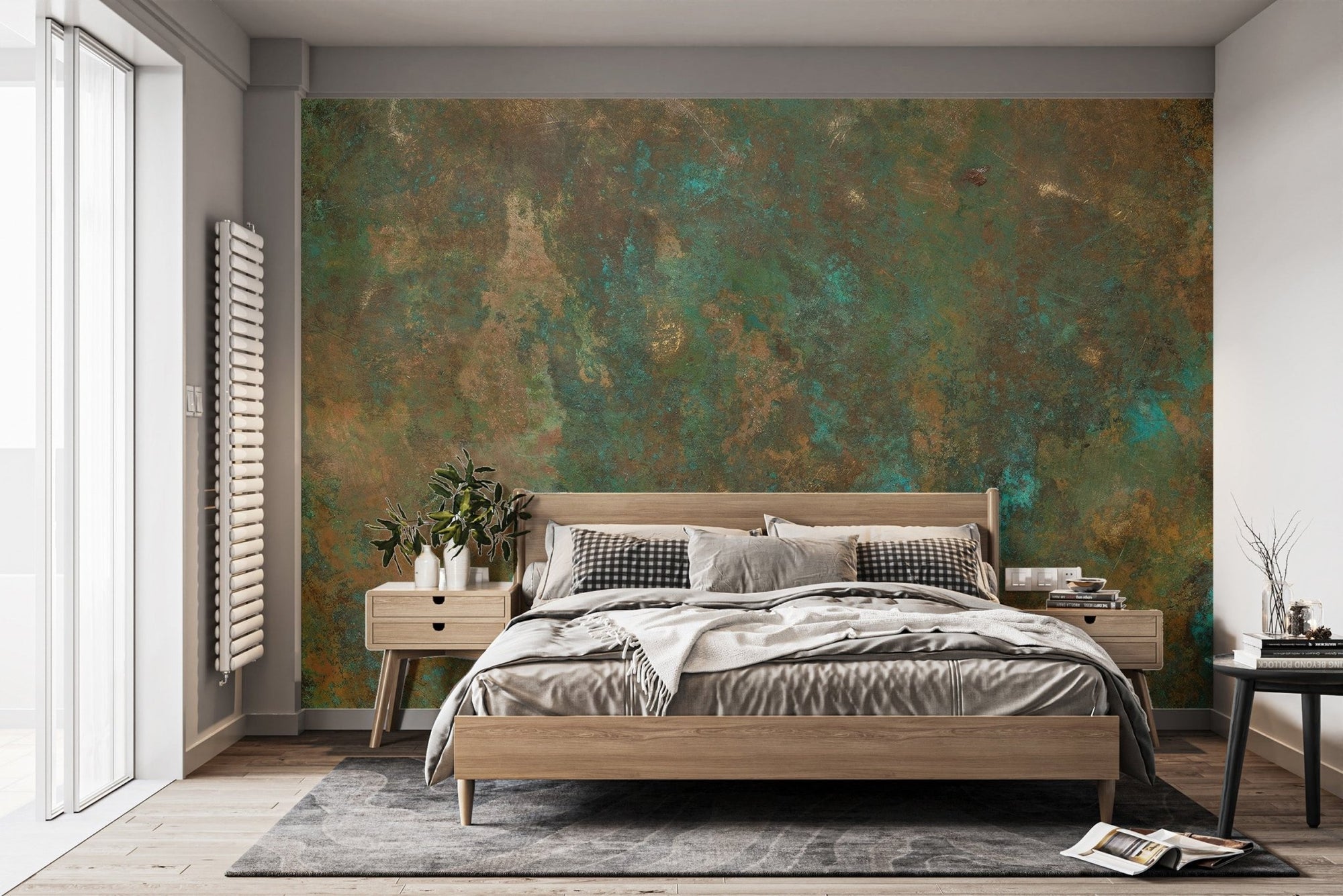 Oxidized metal texture with verdigris tones on a rustic green copper wallpaper mural.