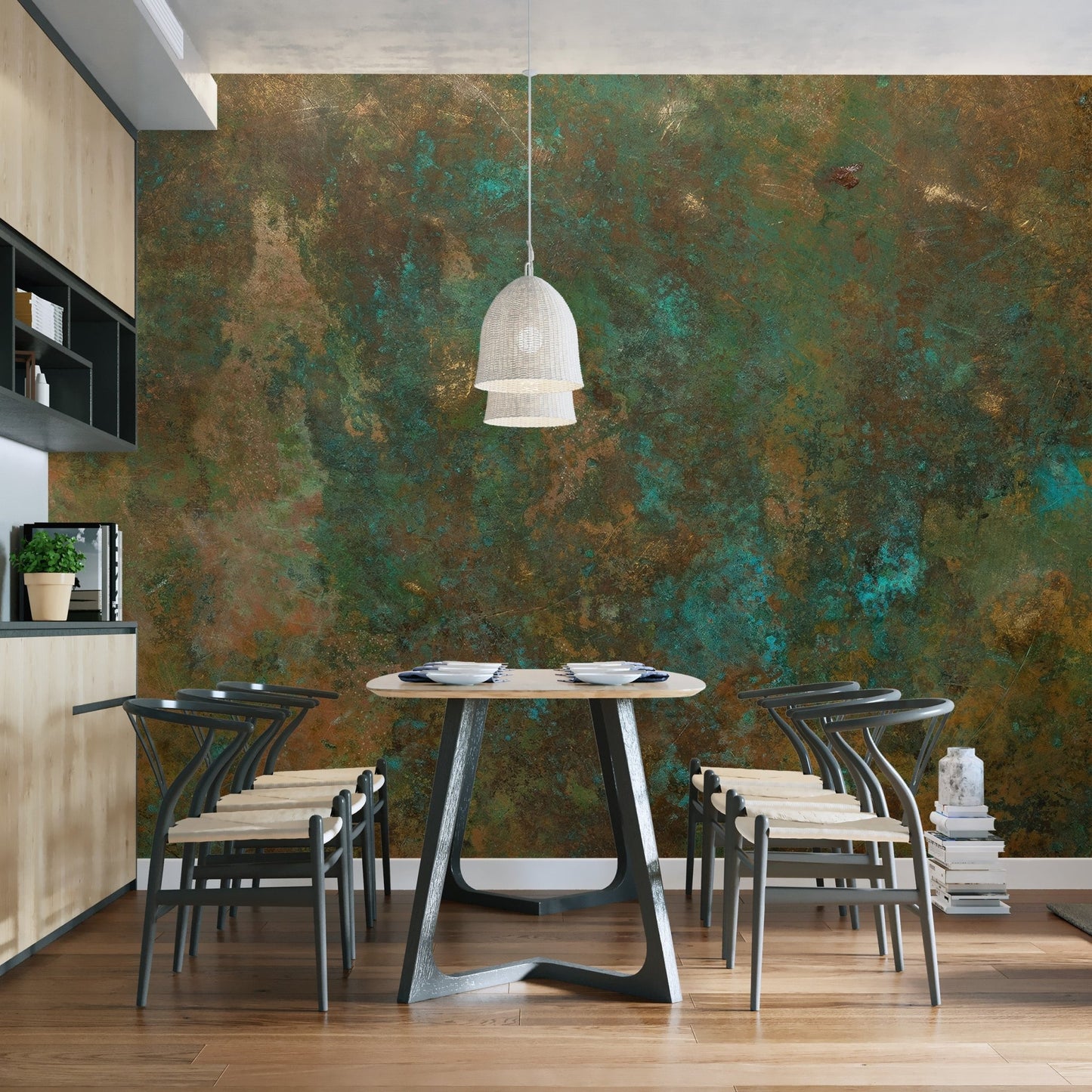 Patina inspired green wallpaper mural for a bold and dark interior style.