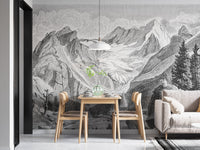 Mountain range wall mural installed in a minimal dining area with grey flooring.