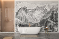 Rustic Mountain Charm wall mural as a backdrop for a white freestanding bathtub.
