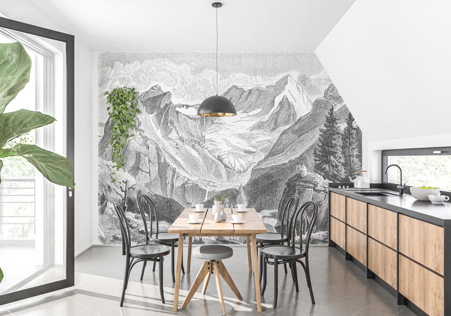 Rustic Mountain Charm wall mural in a modern dining room with wooden furniture.