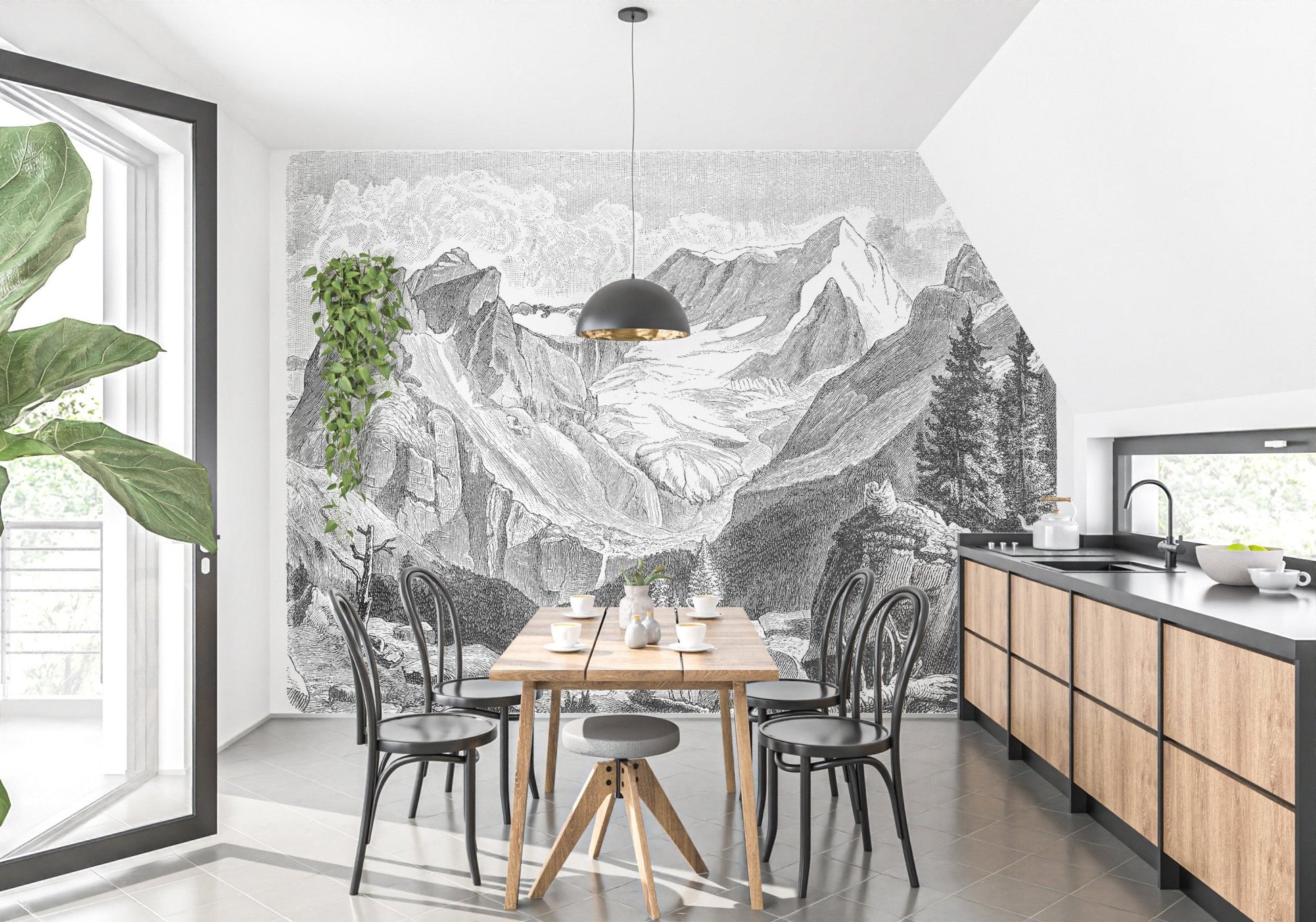 Rustic Mountain Charm wall mural in a modern dining room with wooden furniture.