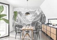 Rustic Mountain Charm wall mural in a modern dining room with wooden furniture.