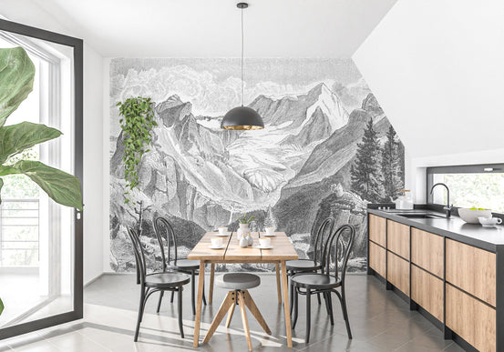 Rustic Mountain Charm wall mural in a modern dining room with wooden furniture.
