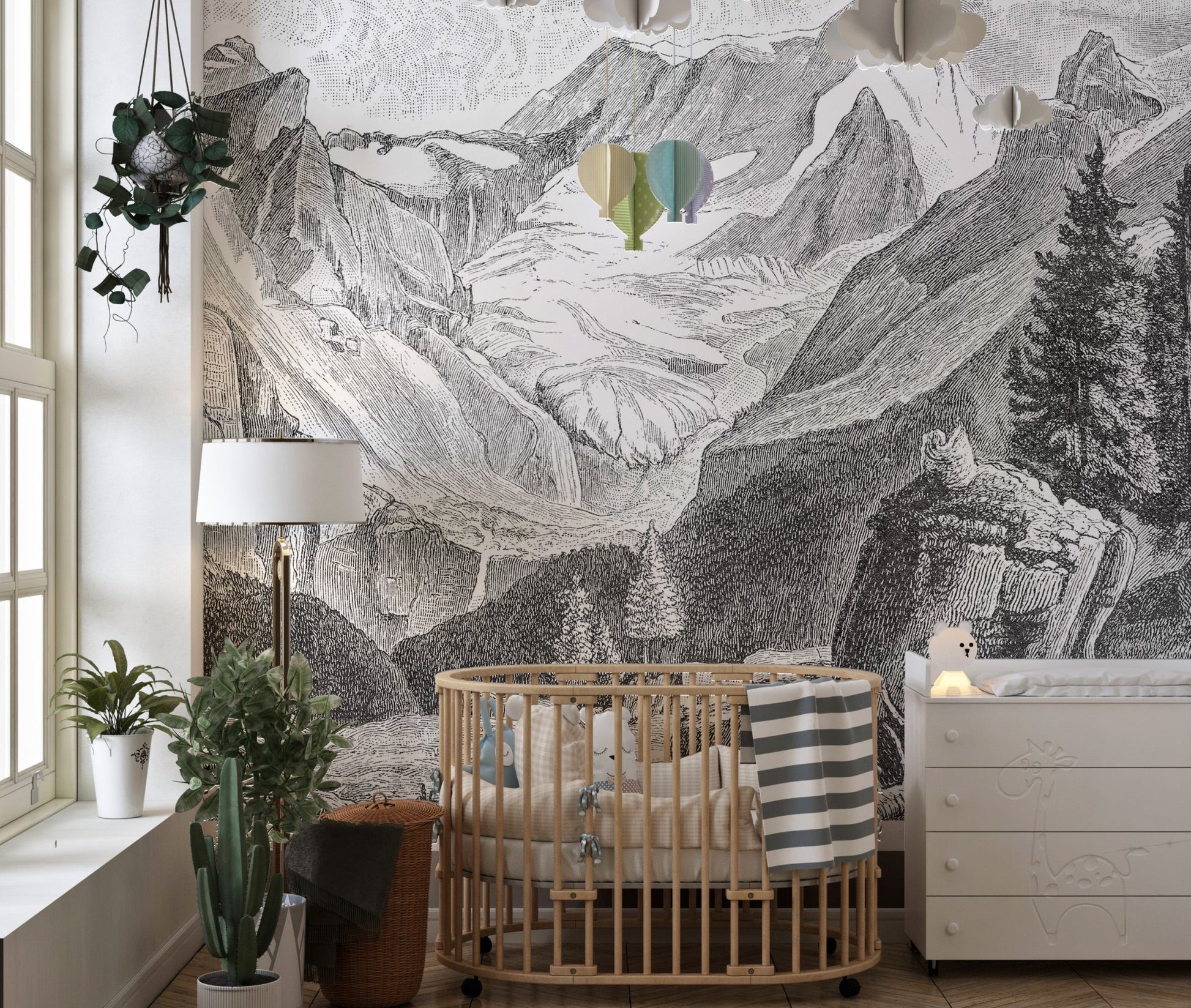 Rustic Mountain Charm Wall Murals in a nursery featuring a wooden crib.