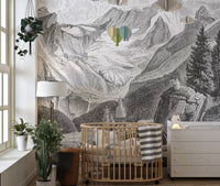 Rustic Mountain Charm Wall Murals in a nursery featuring a wooden crib.