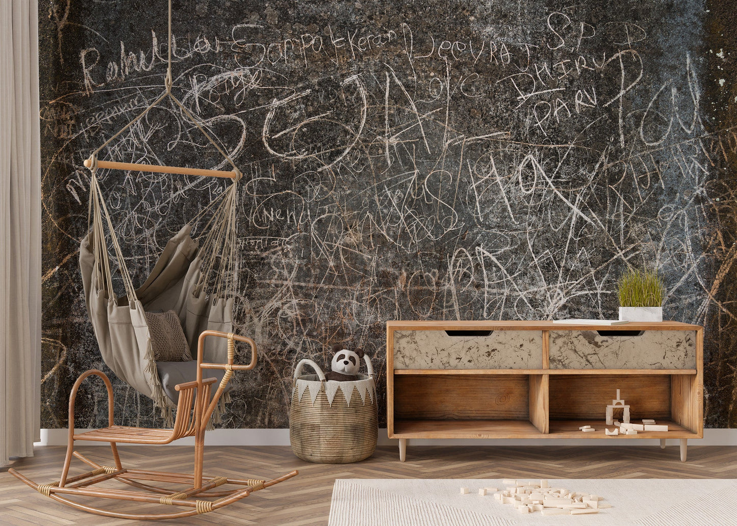 Rustic typography mural with textured urban finish for nursery walls.