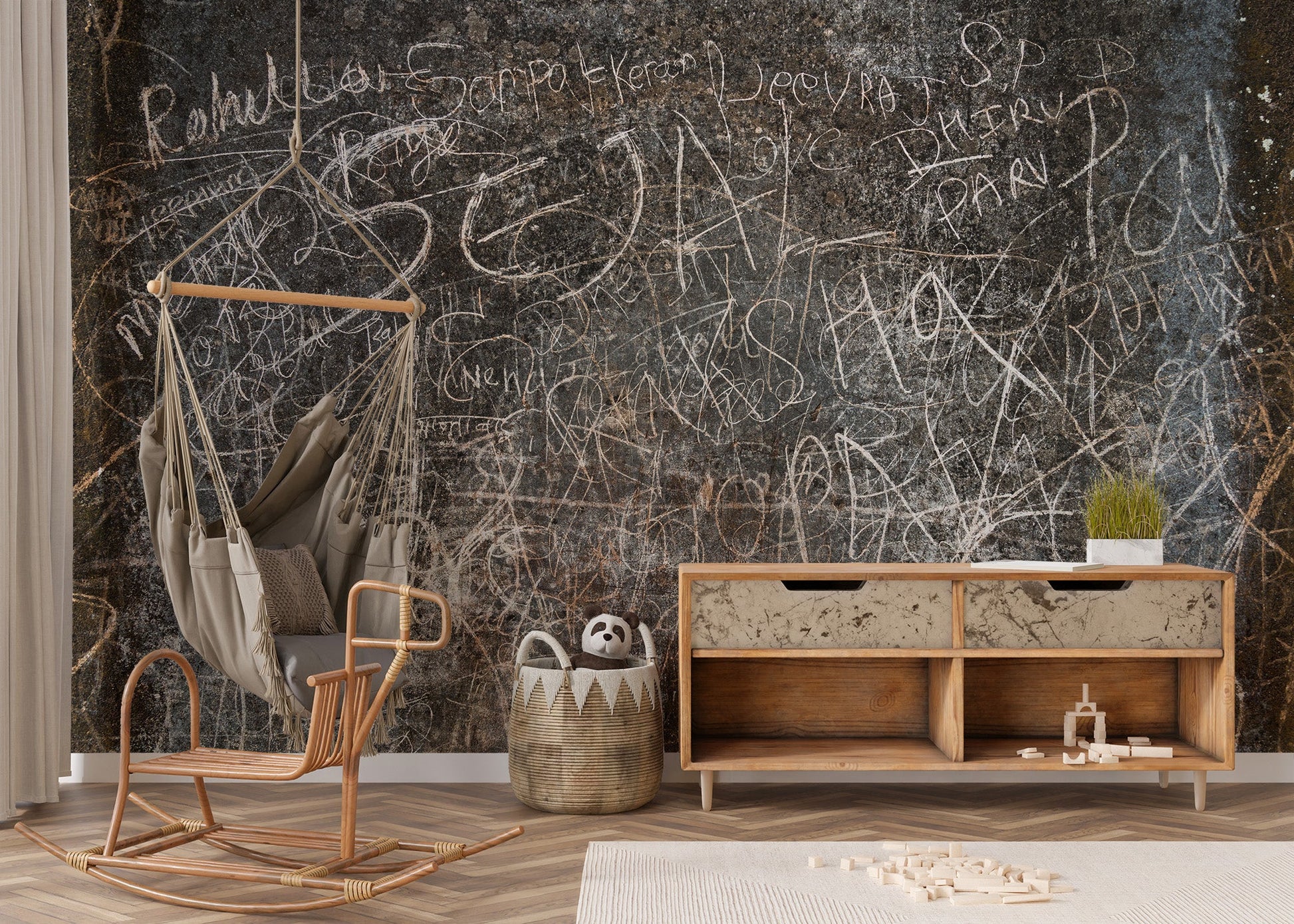 Rustic typography mural with textured urban finish for nursery walls.