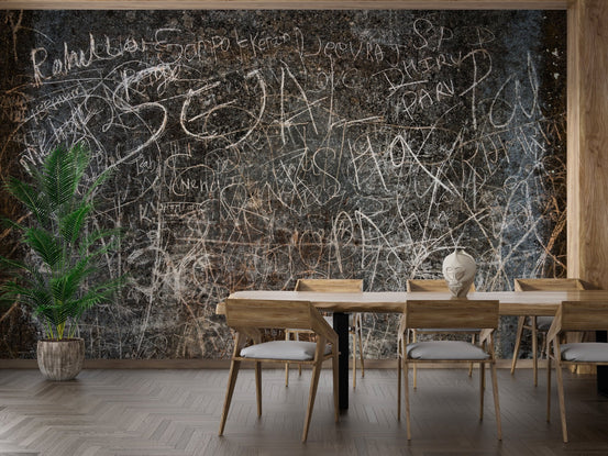 Rustic script wall mural with distressed chalkboard texture for dining room.