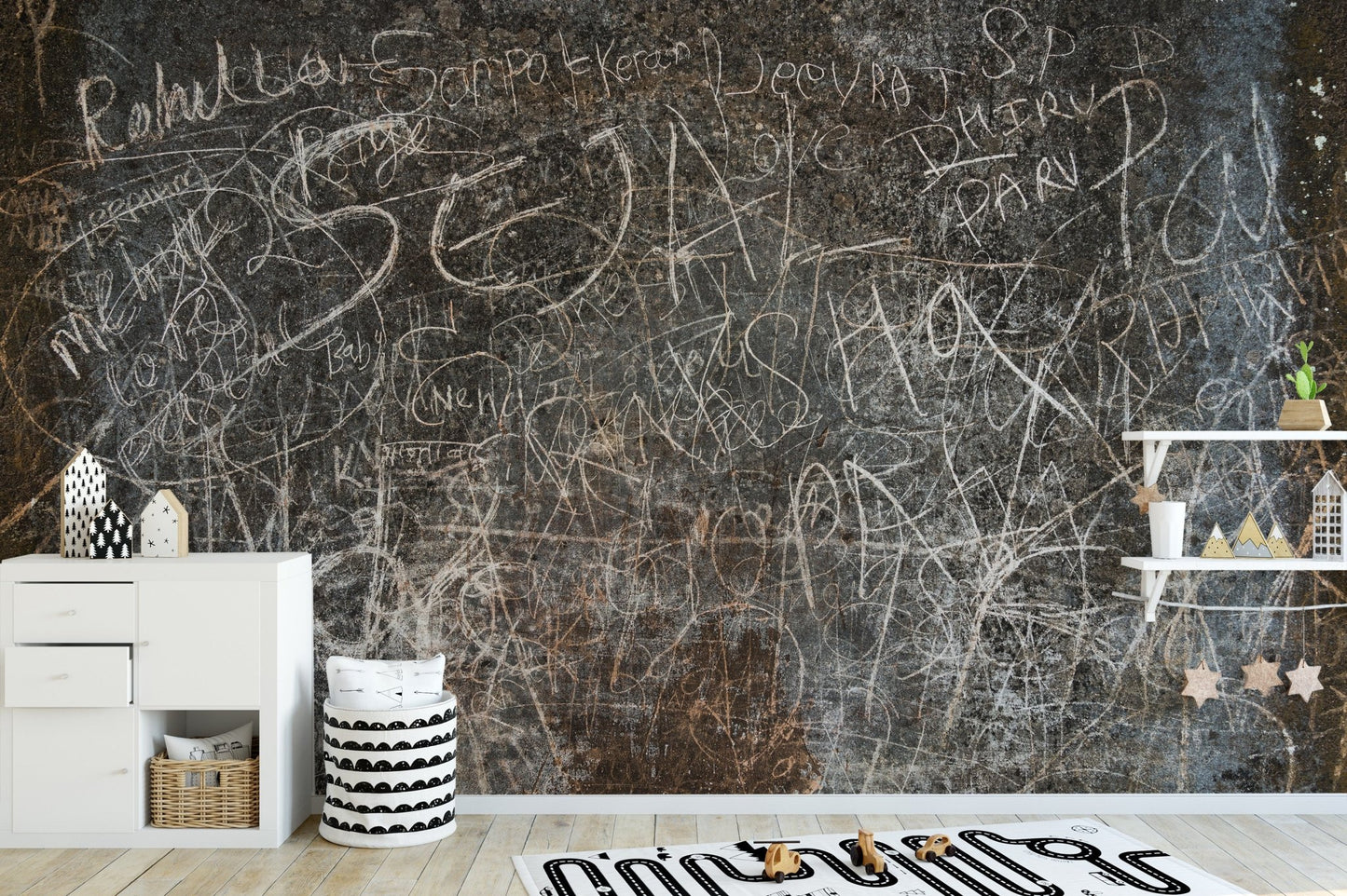 Grunge script mural wallpaper in muted earthy color palette.