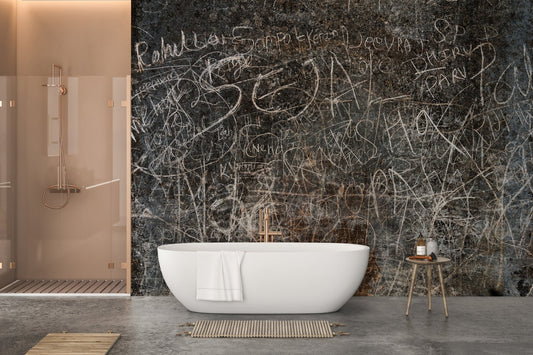 Rustic script wall decor mural with layered script wallpaper design for bathroom.