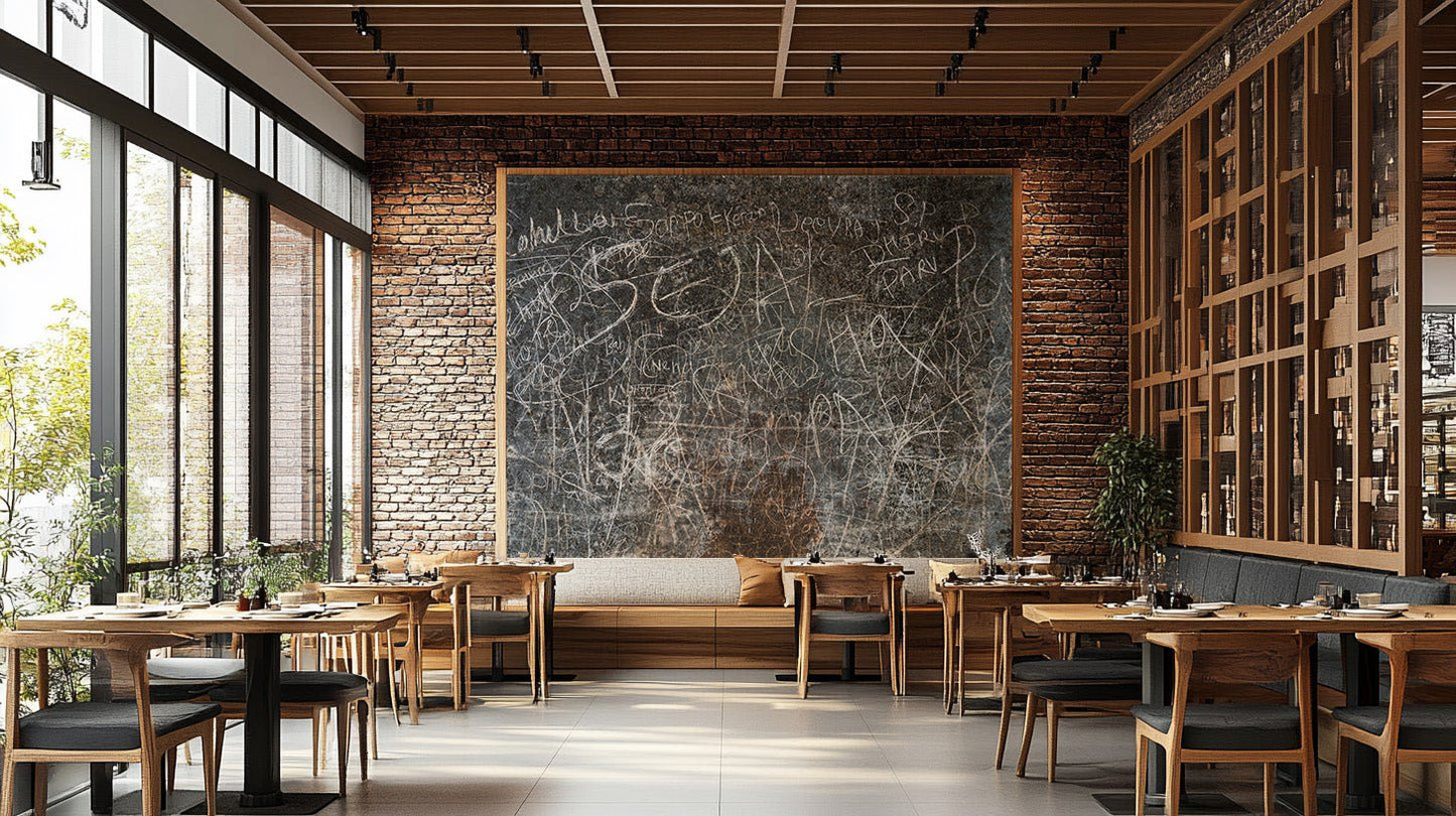 Industrial style wall mural with worn script wallpaper pattern.