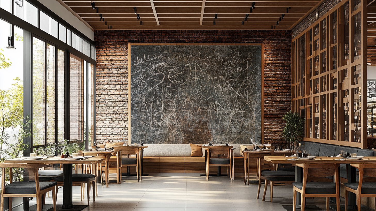 Industrial style wall mural with worn script wallpaper pattern.