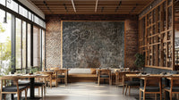 Industrial style wall mural with worn script wallpaper pattern.