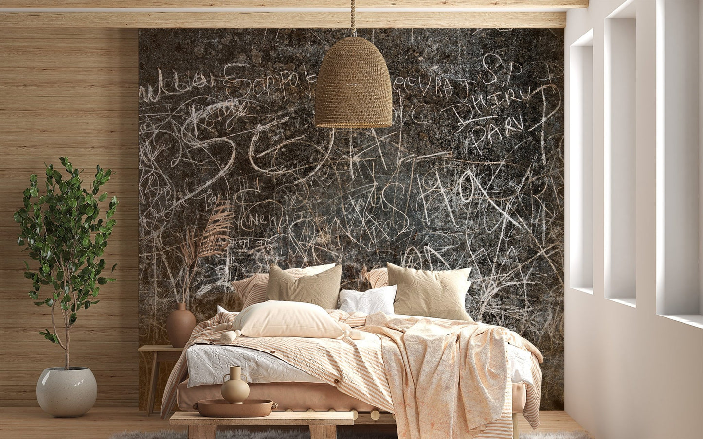 Rustic script wall mural featuring layered chalk writing effect for bethroom interior.