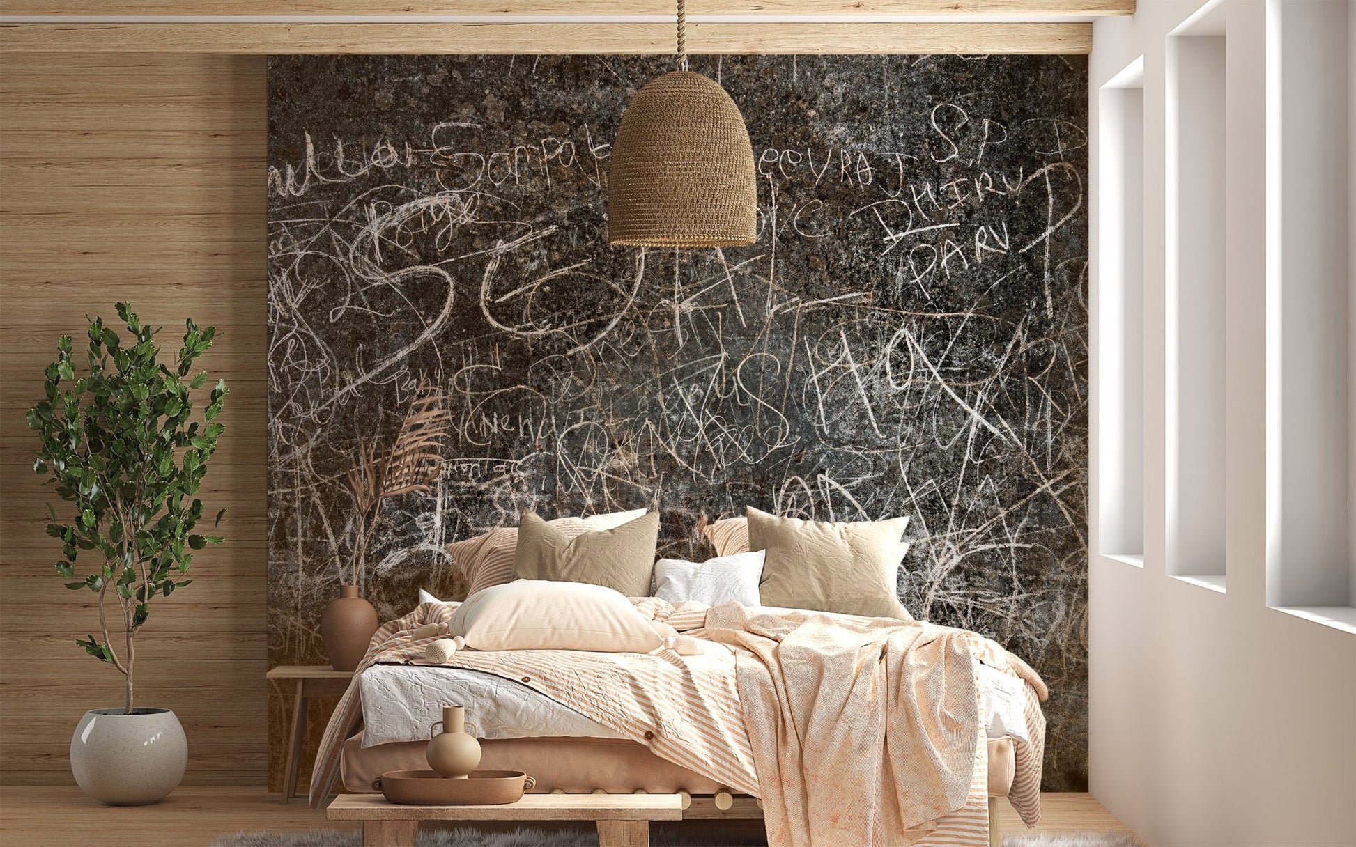 Rustic script wall mural featuring layered chalk writing effect for bethroom interior.