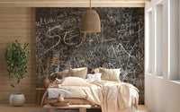 Rustic script wall mural featuring layered chalk writing effect for bethroom interior.