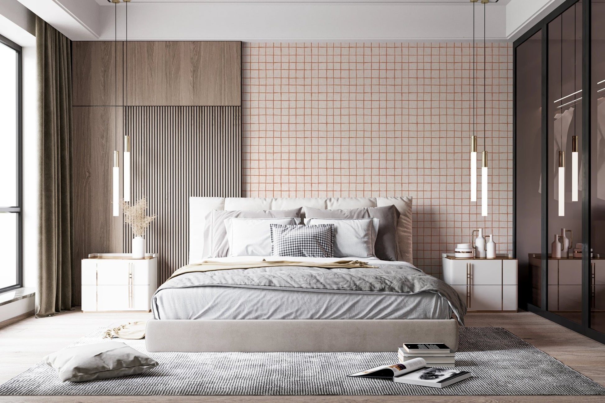 Boho style terracotta grid on neutral linen wall.