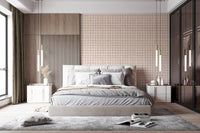 Boho style terracotta grid on neutral linen wall.