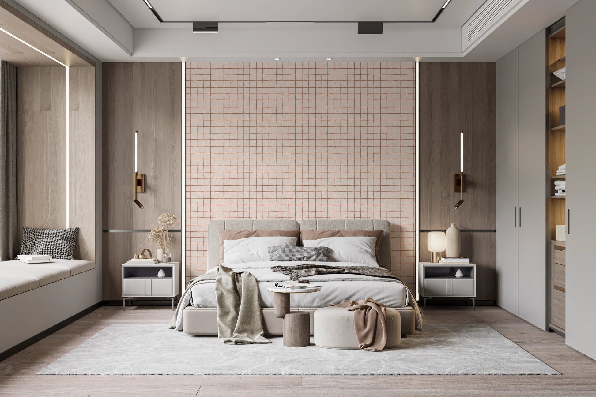 Rustic farmhouse sienna square pattern wallpaper.