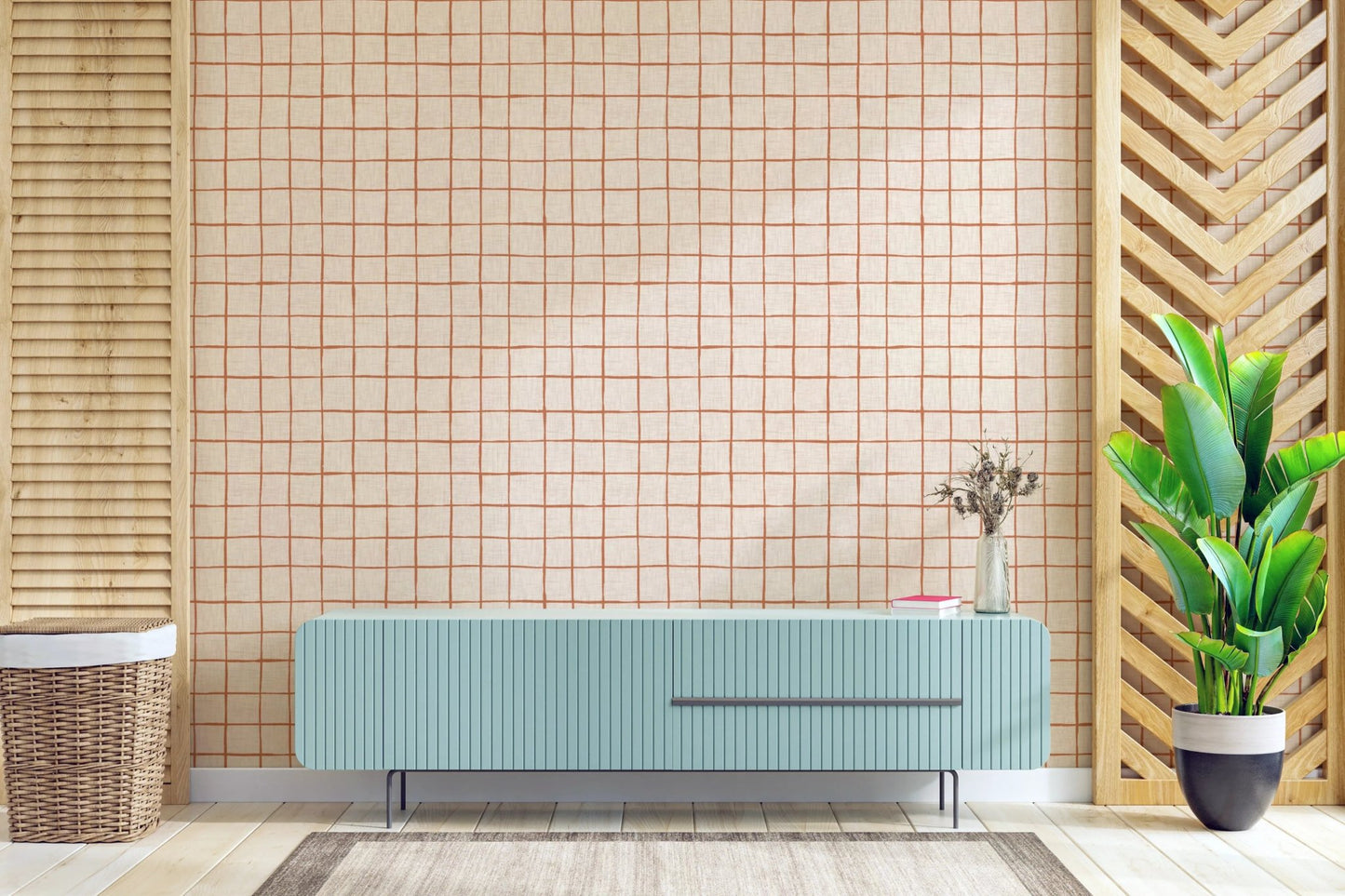 Modern rustic orange grid lines on off-white.