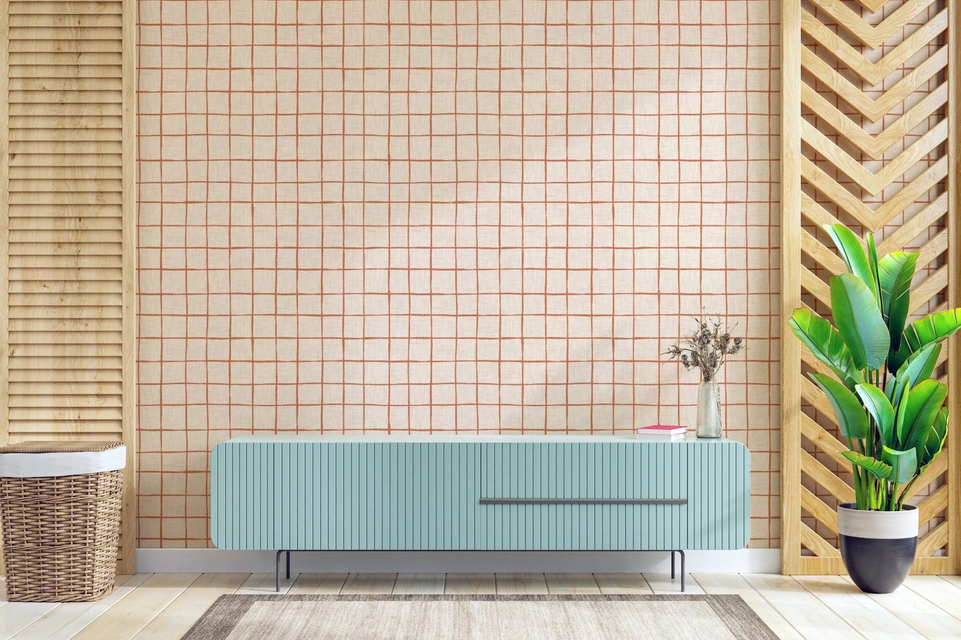 Modern rustic orange grid lines on off-white.