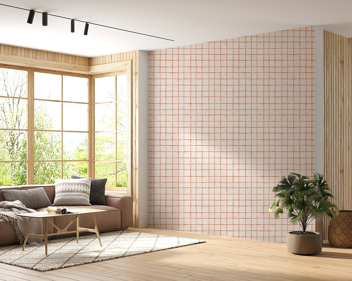Hand-drawn burnt orange squares on cream fabric.