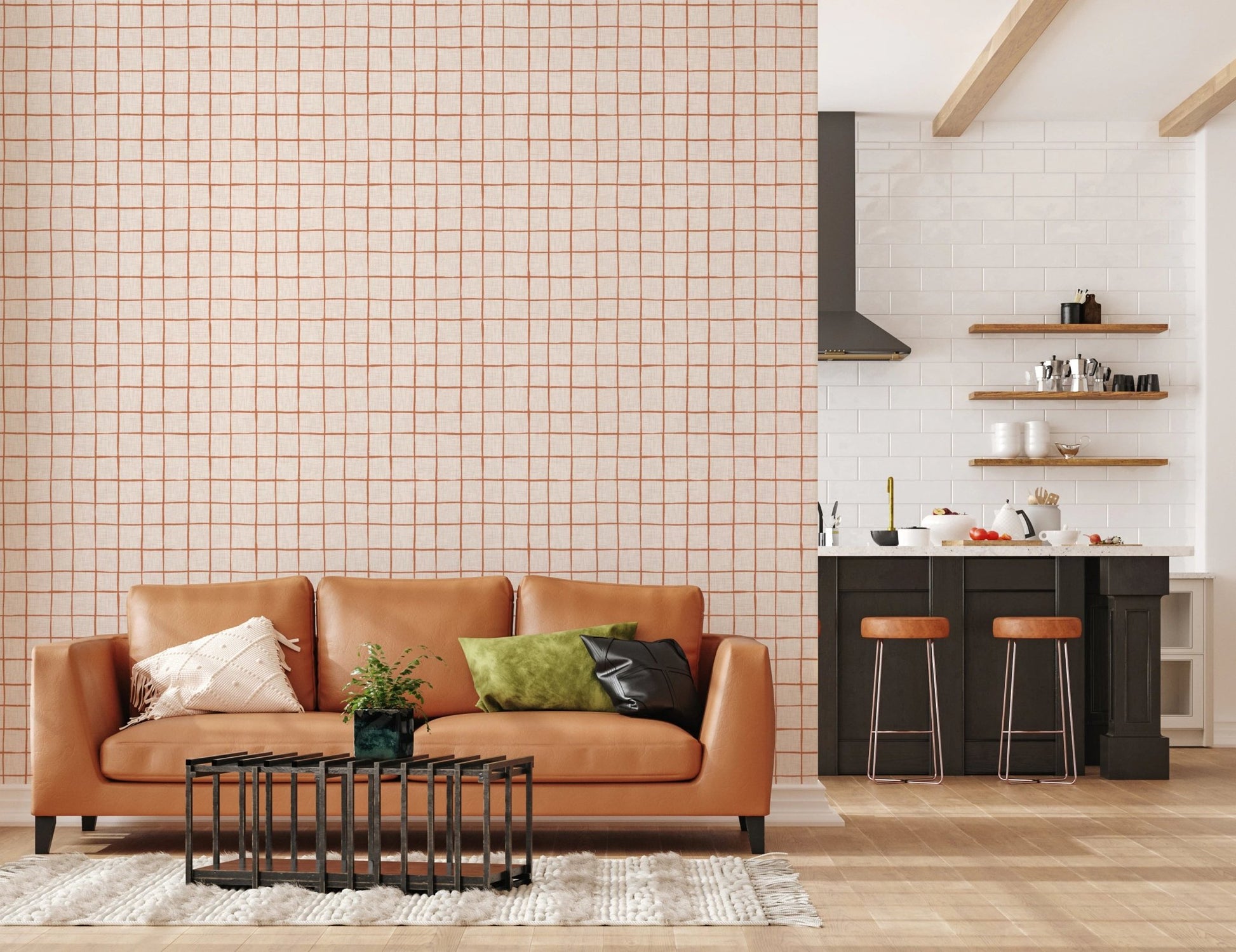 Earth tone minimalist check wallpaper design.