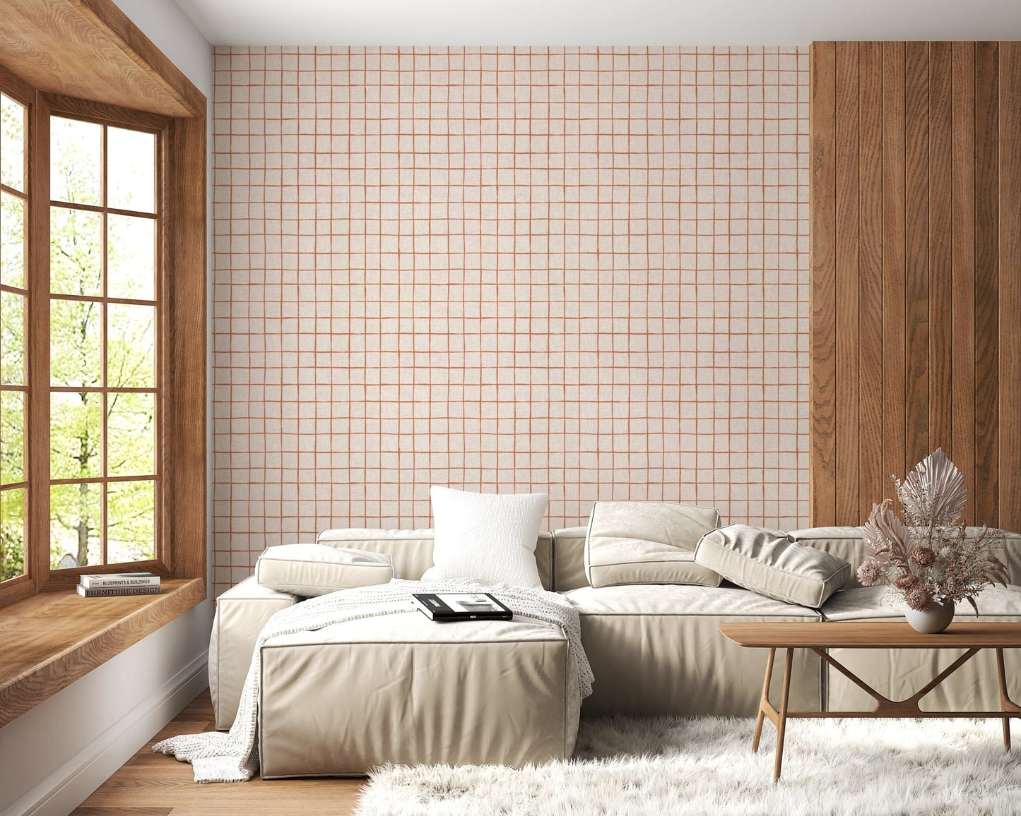 Rustic sienna grid pattern on beige linen texture.
