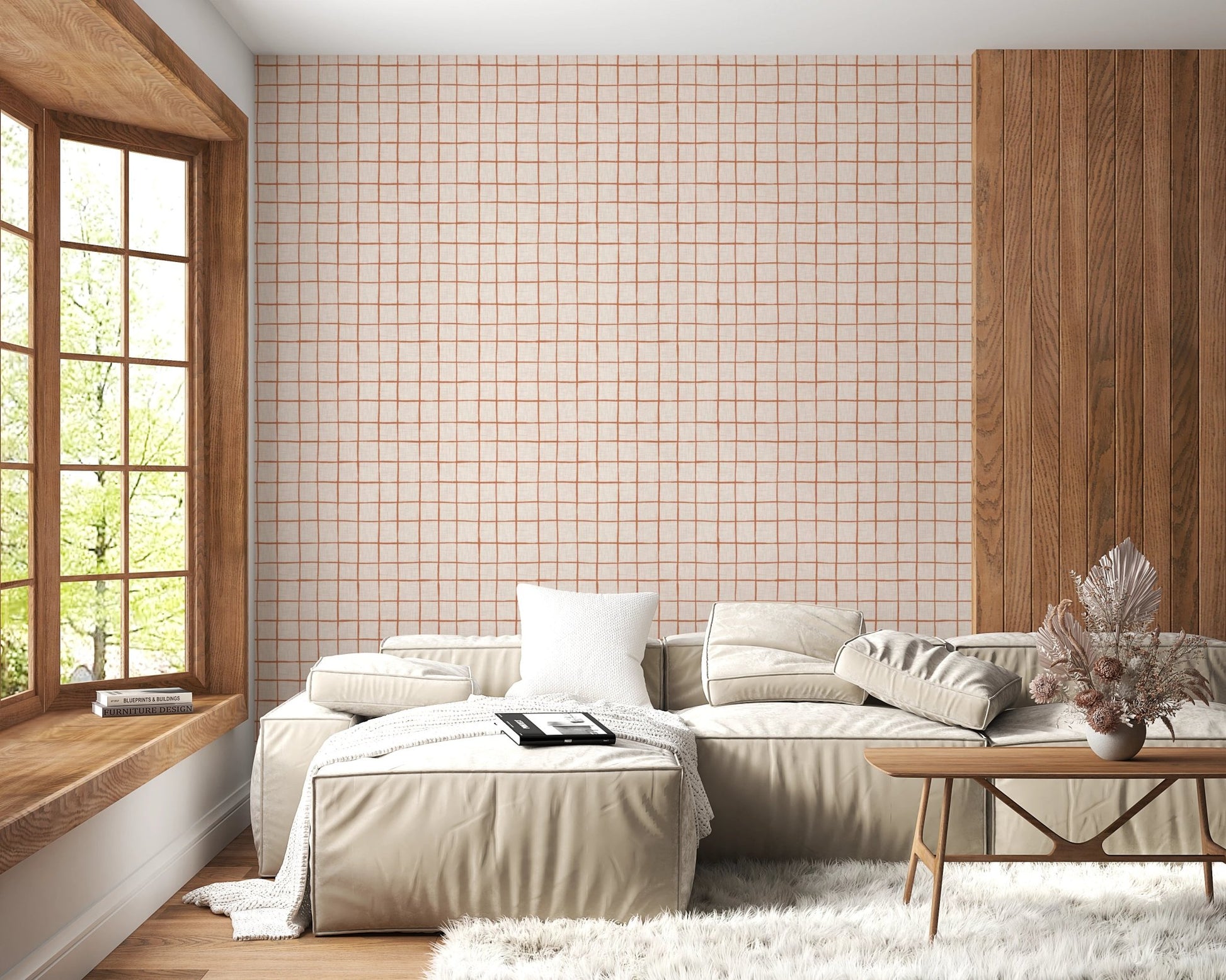 Rustic sienna grid pattern on beige linen texture.