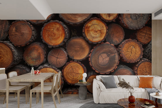 Detailed bark and wood grain wallpaper with a realistic log cabin style.