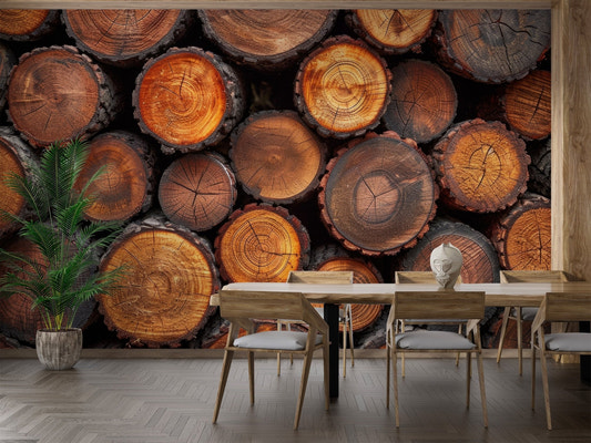 Rustic stacked wood wallpaper showing textured timber ends in warm brown tones.