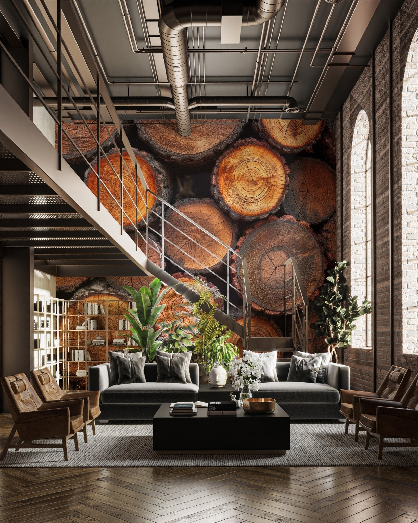 Rustic Stacked Wood Wallpaper - Wallanza