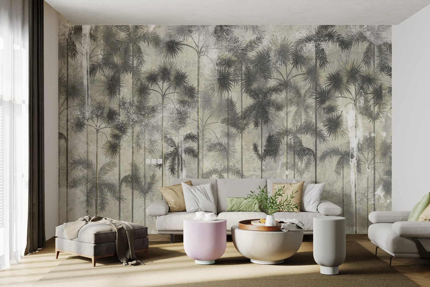 Tall forest tree wall mural with charcoal leaves for hallways.