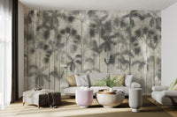Tall forest tree wall mural with charcoal leaves for hallways.