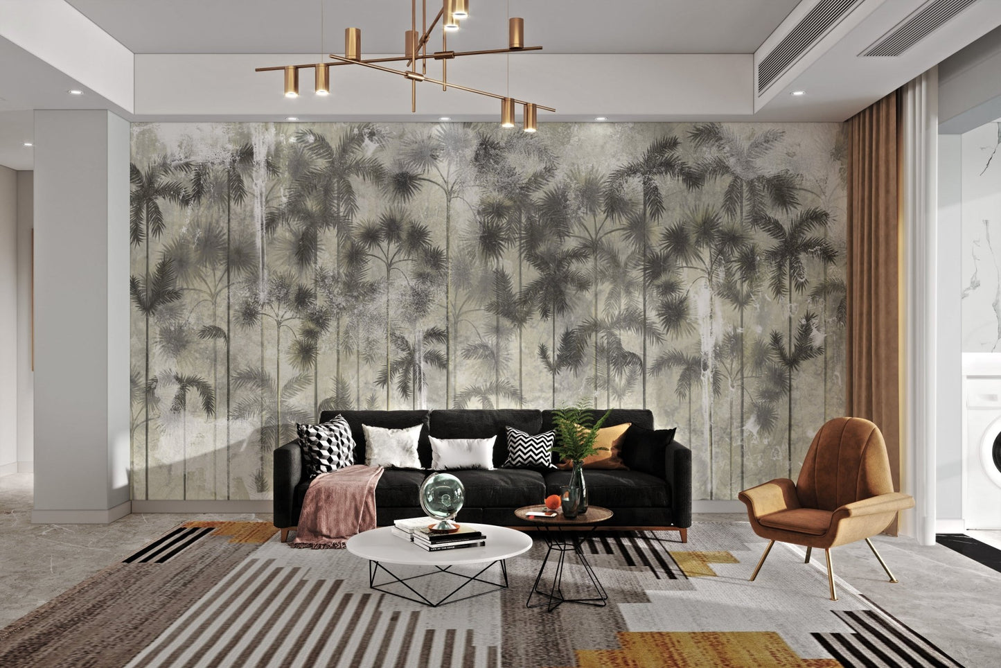 Palm trees wall mural in natural green tones for modern living room.