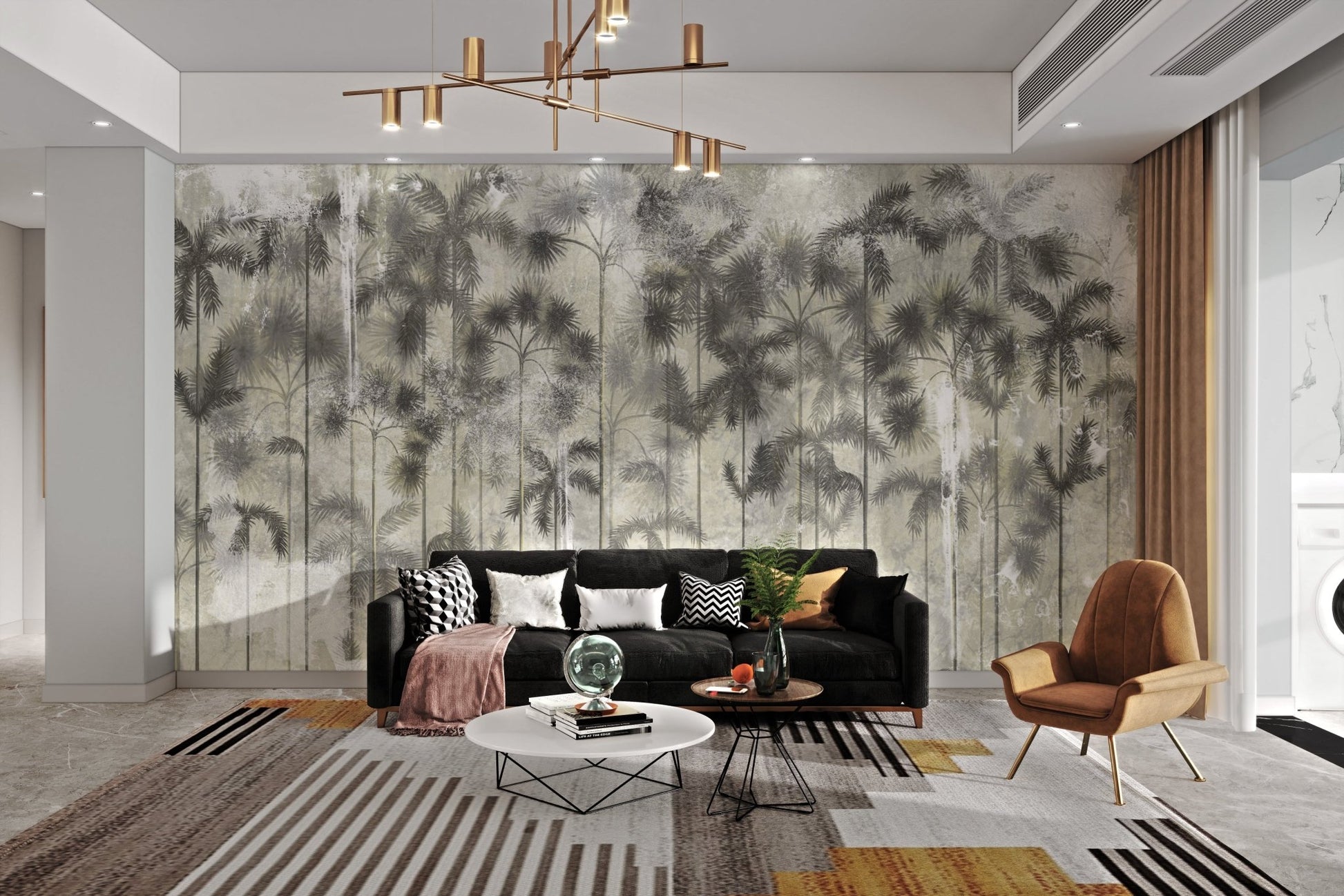 Palm trees wall mural in natural green tones for modern living room.