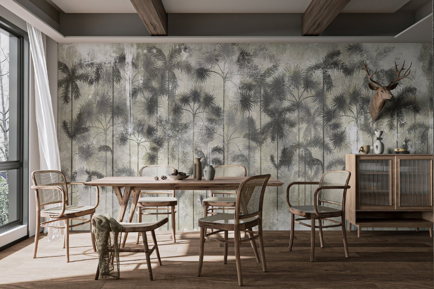 Textured tropical wall mural with palm trees print in bright dining room.