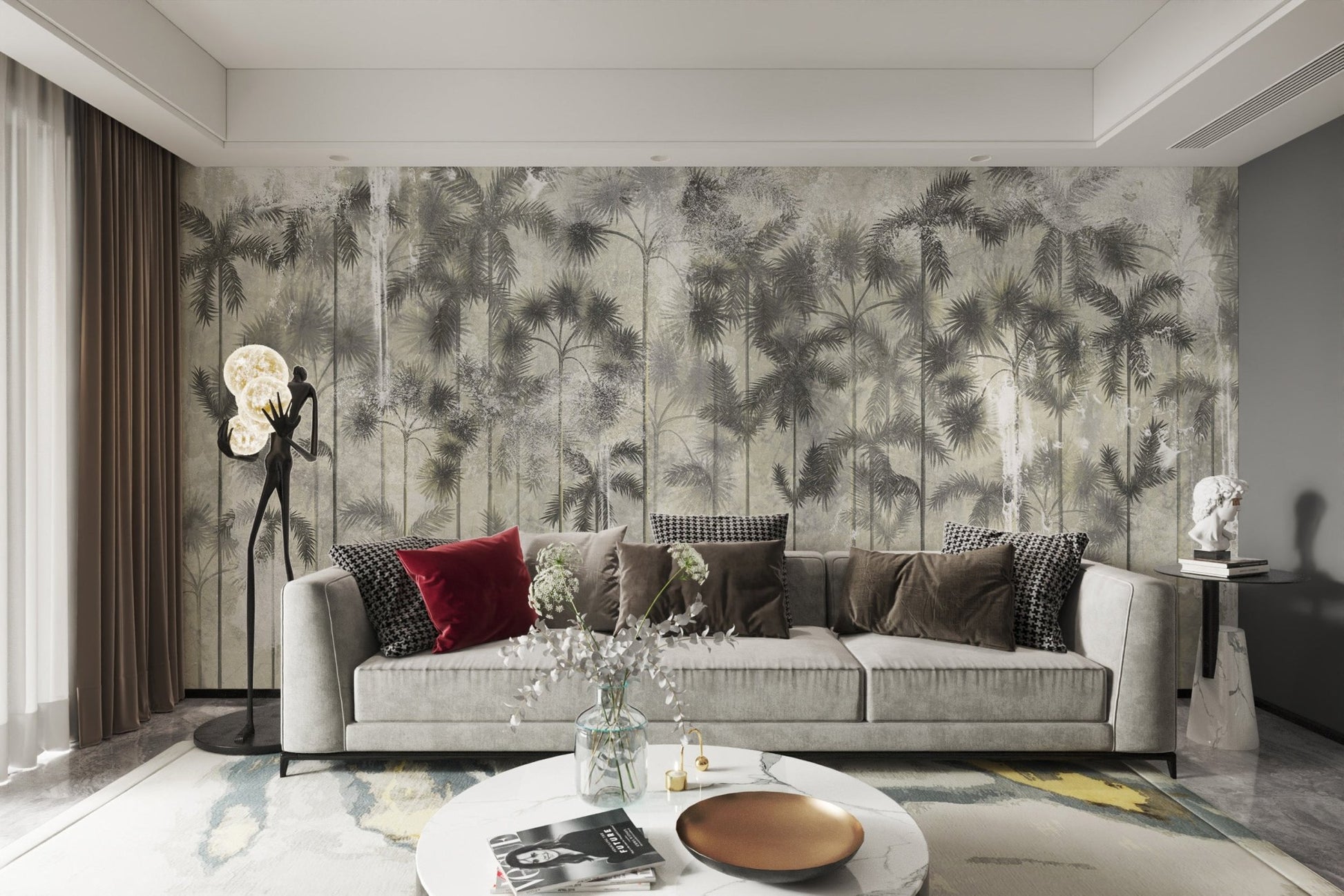 Grey tropical palm tree wall mural for a living room interior.